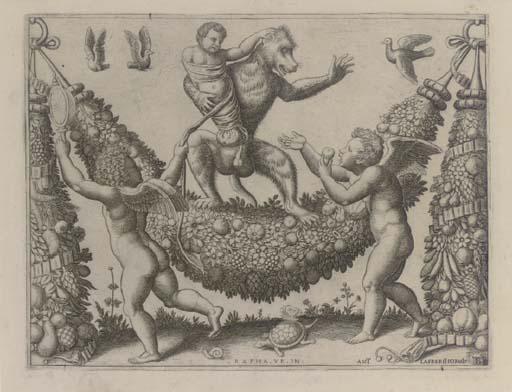 Master of The Die - Two Putti Mocking a Monkey, after Raphael (possibly after Giovanni da Udine) (B. 34)