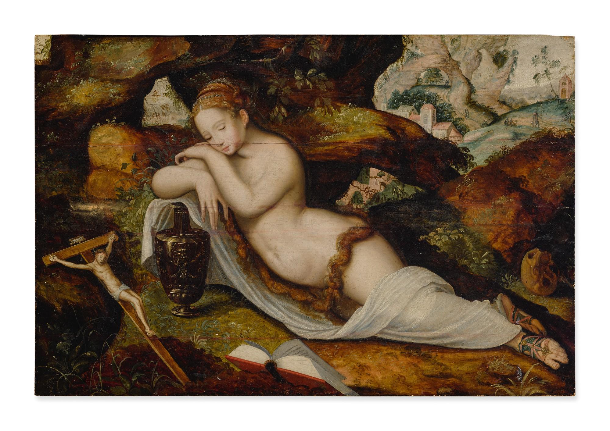 Master Of The Prodigal Son - Mary Magdalene Sleeping In A Grotto, A Hilly Landscape Beyond