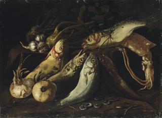 Master SB - Fish, onions, garlic, a squid, mussels and barnacles on a stone ledge