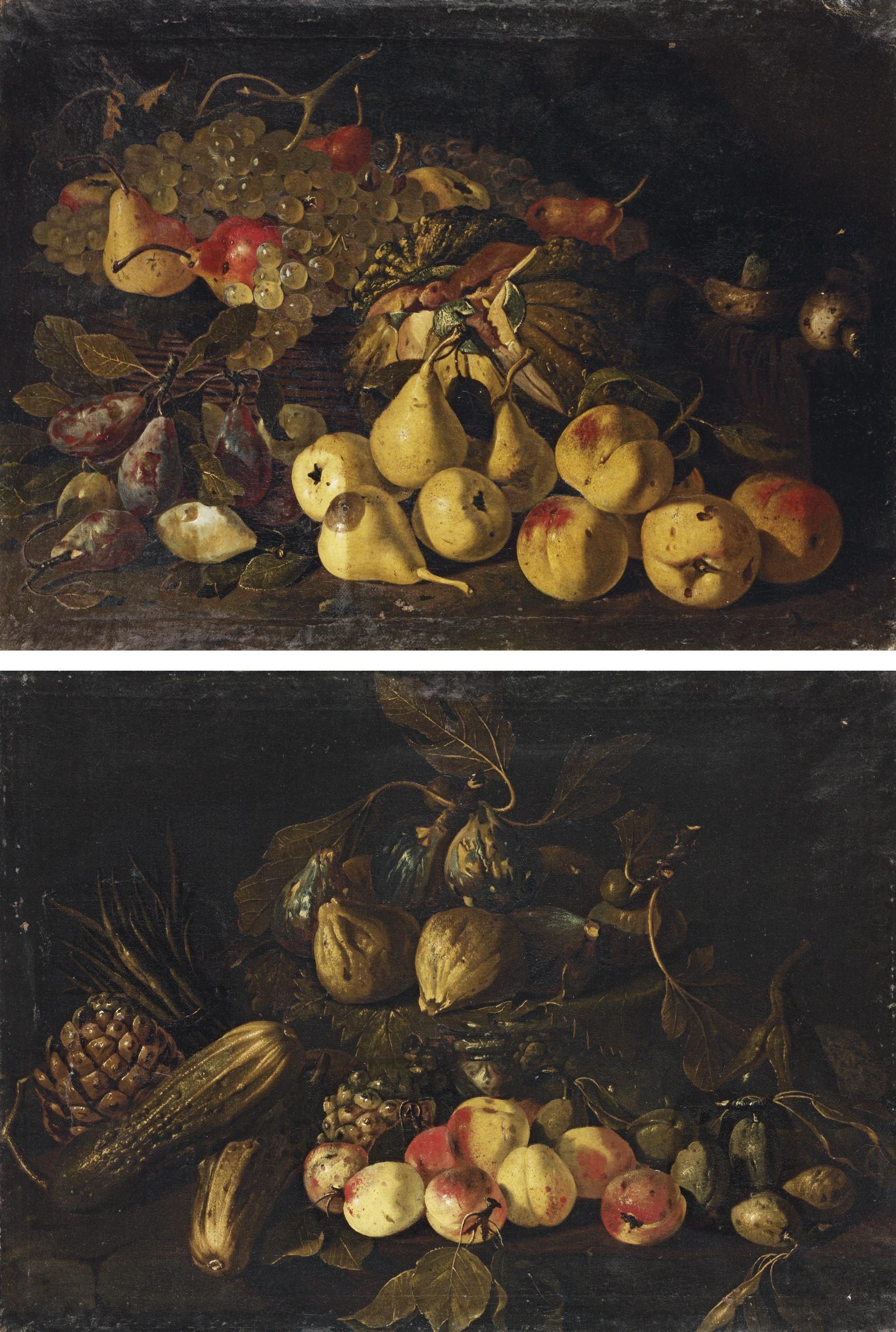 Master SB - Plums, pears, apples, a melon, a basket of grapes and other fruit and mushrooms on a stone ledge; and Peaches, zucchini, artichokes, asparagus, grape-leaves and figs on a stone ledge