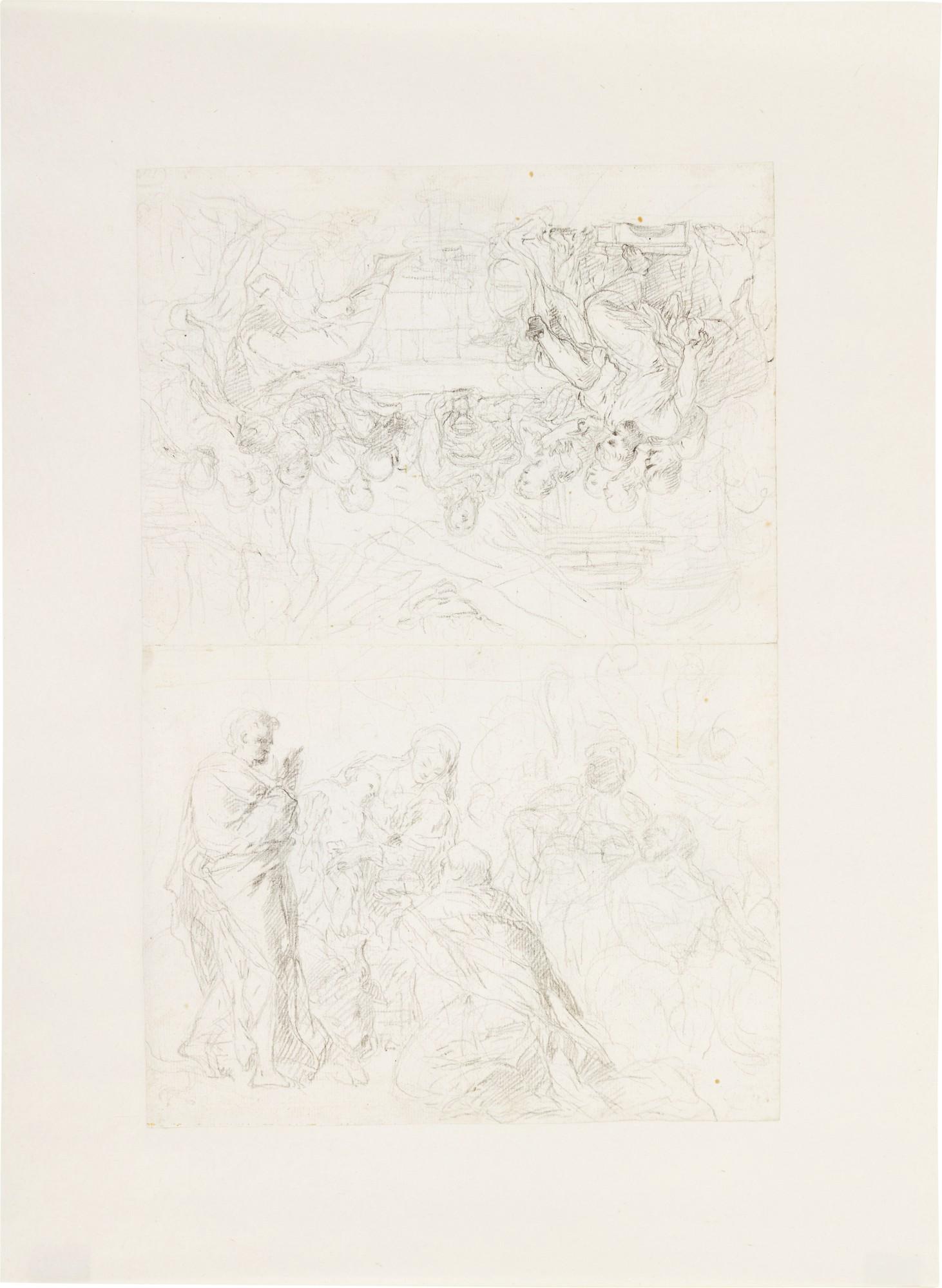 Mateo Cerezo - A double album leaf with two separate studies on each side: Recto: The Last Supper; An Adoration Verso: The Madonna and Child; A study of a Cow