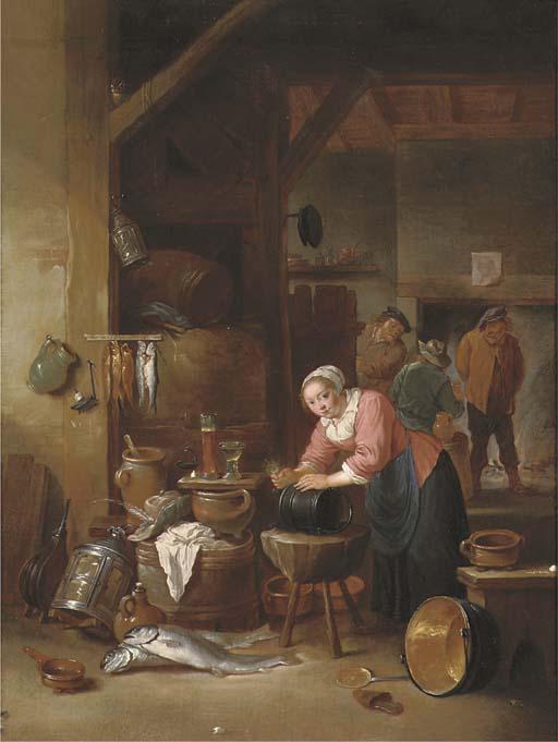 Matheus van Helmont - A Tavern Interior With A Woman Cleaning A Cauldron And Three Boors Drinking In Front of An Open Fire Beyond