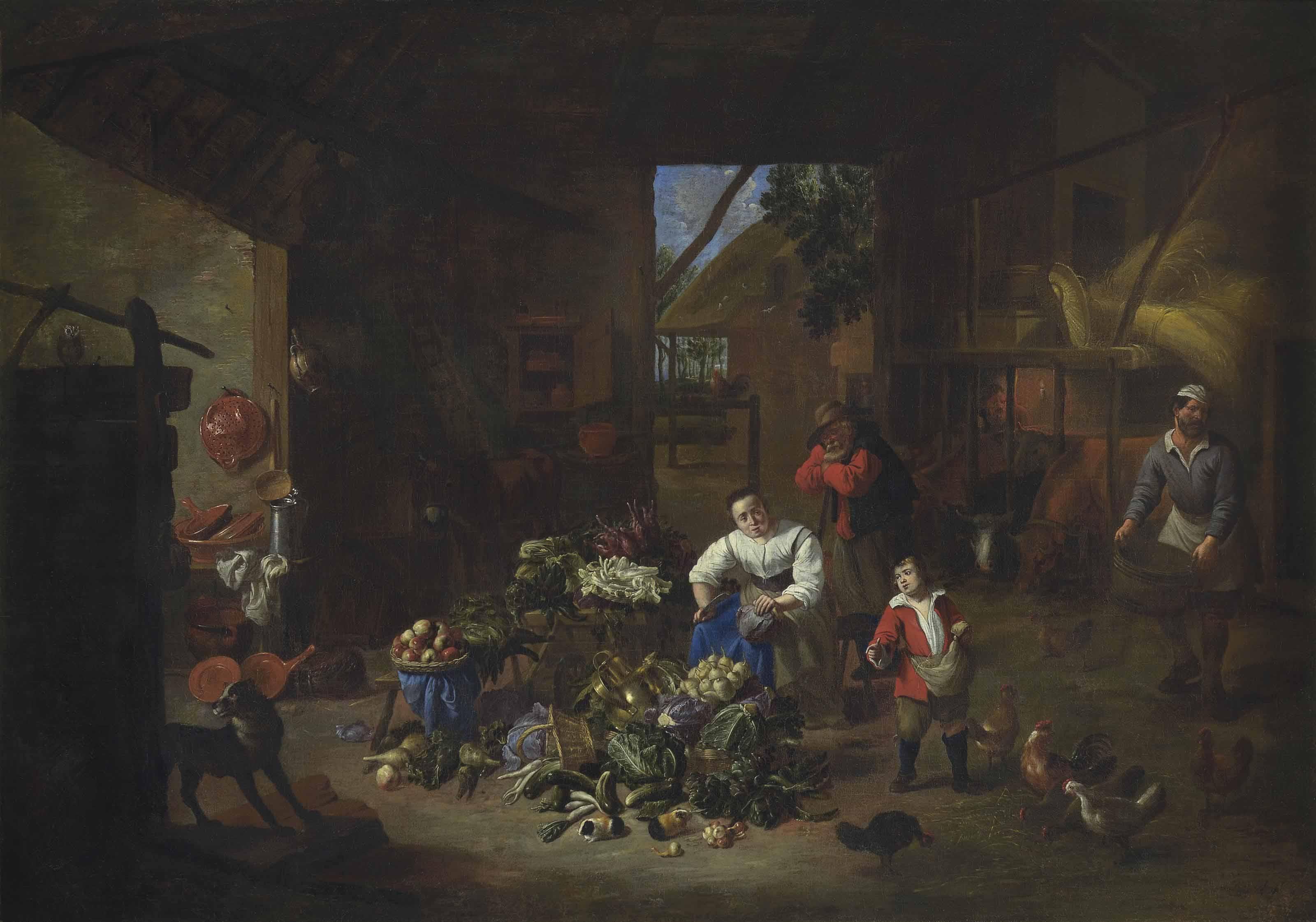 Matheus van Helmont - A Woman Selling Vegetables In A Barn With A Boy Feeding Chickens