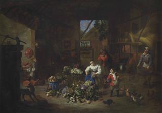 Matheus van Helmont - A Woman Selling Vegetables In A Barn With A Boy Feeding Chickens