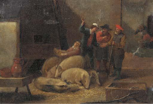 Matheus Van Helmont - Peasants and swine in an interior
