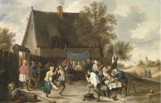 Matheus van Helmont - Villagers Celebrating A Wedding Feast Outside A Country Tavern
