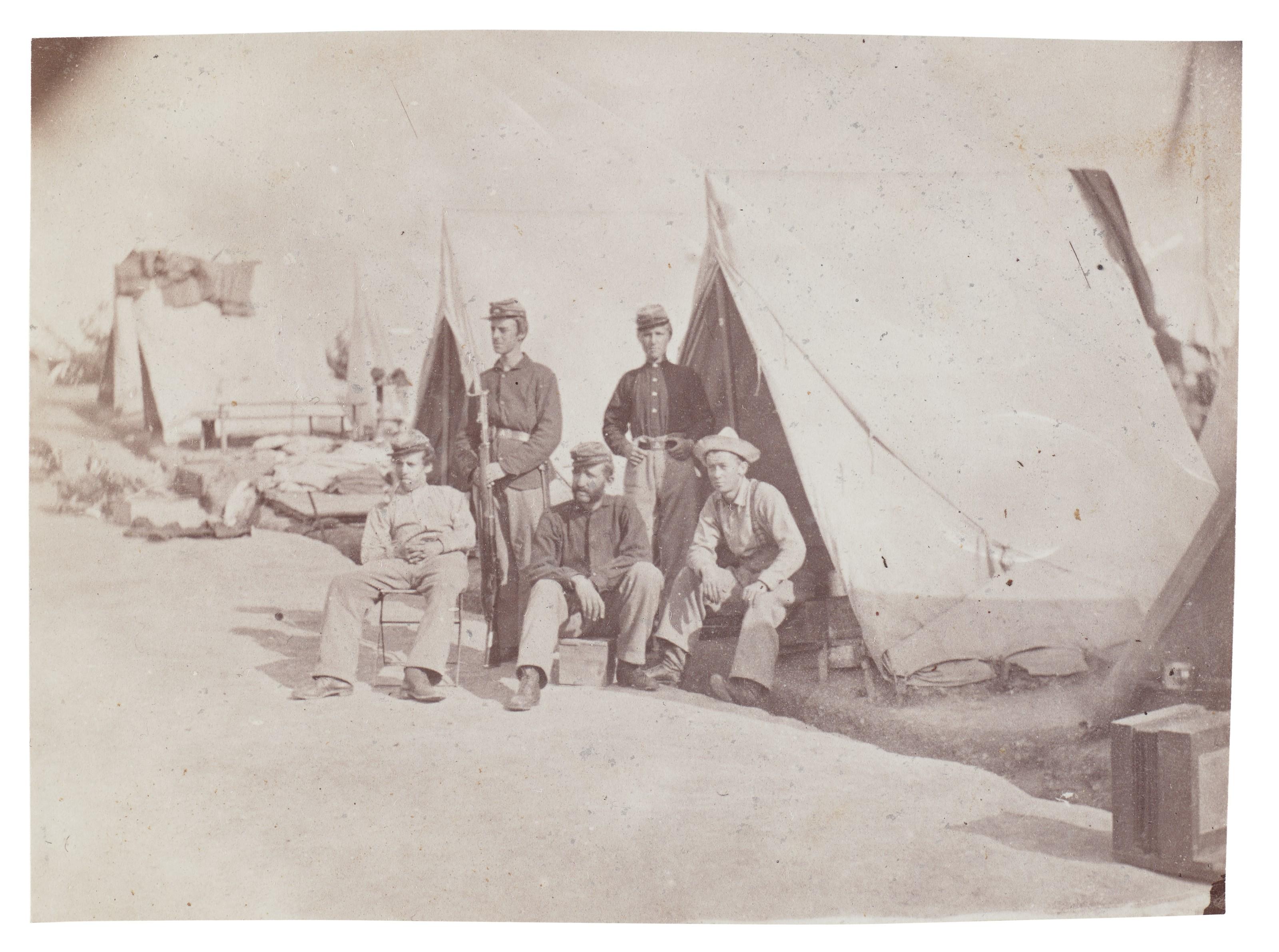 Mathew B. Brady - Private James P. Bonnet and Unidentified Members of the 22nd New York State Militia in their Tent Camp, Near Harper\'s Ferry, Virginia, 1862