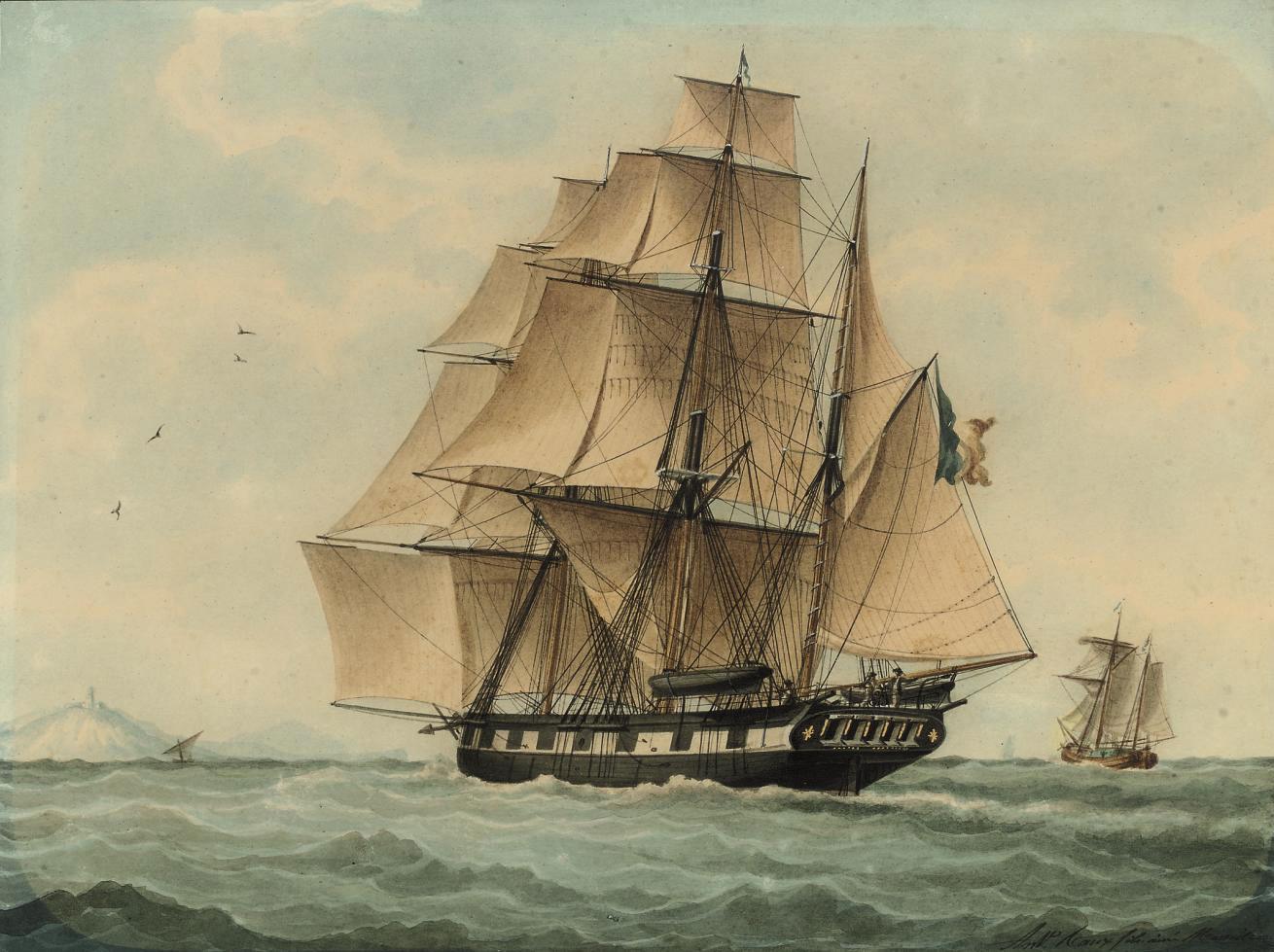 Mathieu-Antoine Roux - A French barque sailing to windward in the Mediterranean