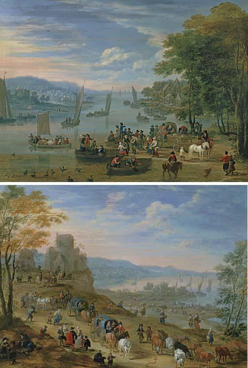 Mathieu Schoevaerdts - A Coastal Scene With Travelers And Drovers, A Harbor In The Distance; And A Town On An Estuary With Peasants In Boats