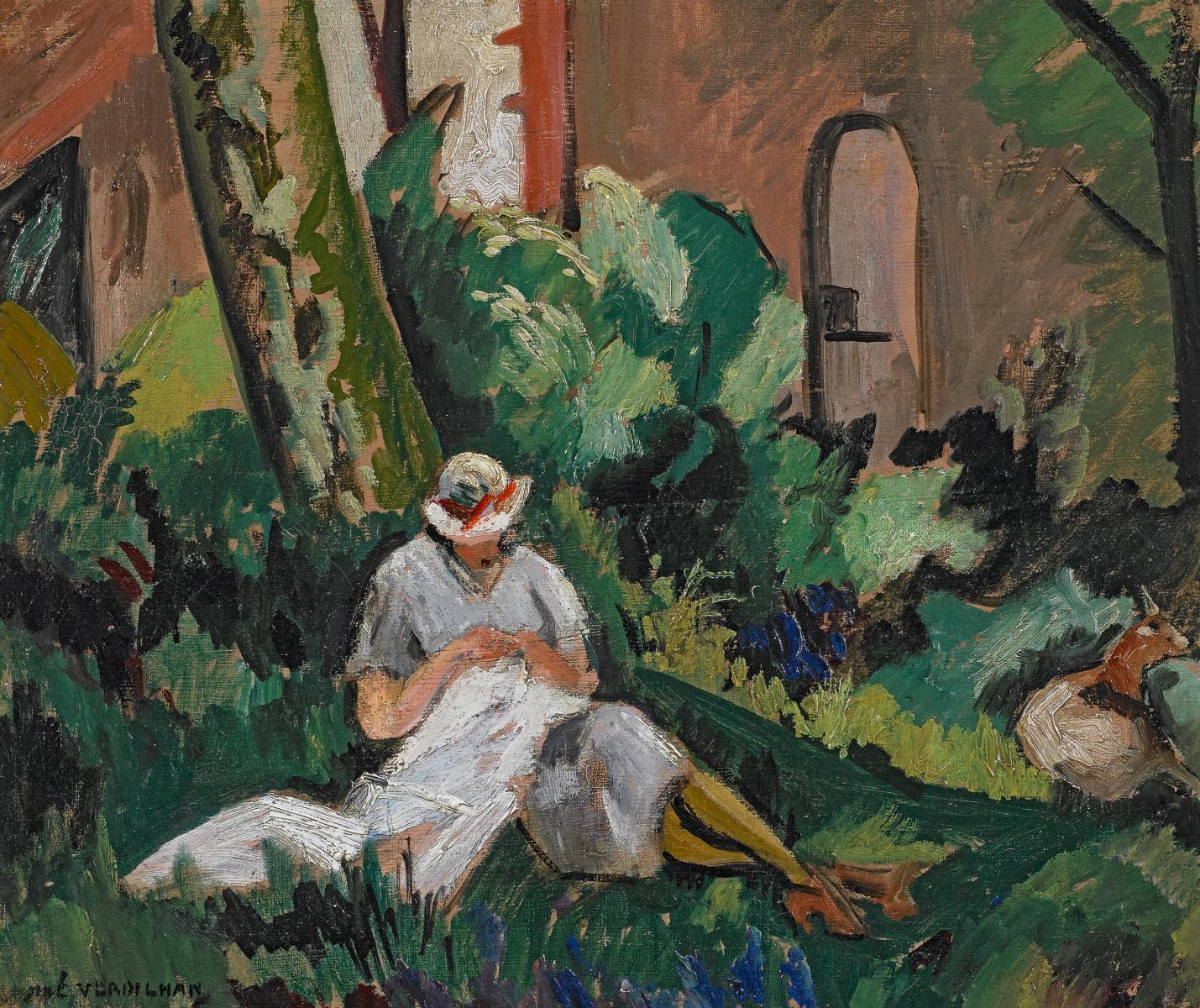 Mathieu Verdilhan - Frau im weißen Kleid im Garten.