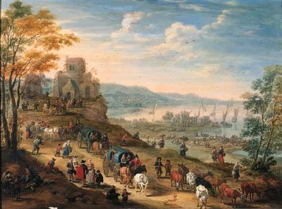 Mathys Schoevaerdts - A coastal scene with drovers and their herds and travellers in horse-drawn carts on a path, a harbour with shipping beyond; and An estuary with peasants in boats and along the shore, a town and shipping beyond; a pair