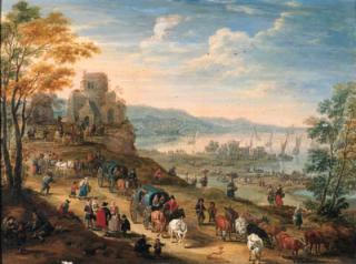 Mathys Schoevaerdts - A coastal scene with drovers and their herds and travellers in horse-drawn carts on a path, a harbour with shipping beyond; and An estuary with peasants in boats and along the shore, a town and shipping beyond; a pair