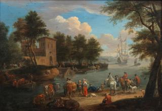 Mathys Schoevaerdts - A river landscape with figures on horseback on the banks and shipping at anchor beyond