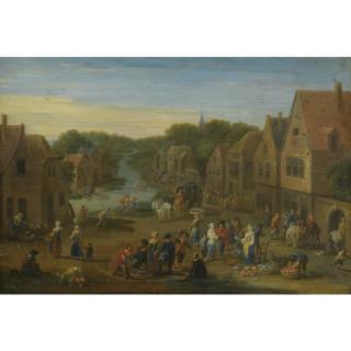 Mathys Schoevaerdts - A Village Landscape With Numerous Figures At A Vegetable Market, A Stream Passing Through Beyond