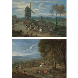 Mathys Schoevaerdts - An Extensive Landscape With Peasants Selling Fruit Before A Series Of Windmills; A Landscape With Travellers Passing By The Edge Of A Forest