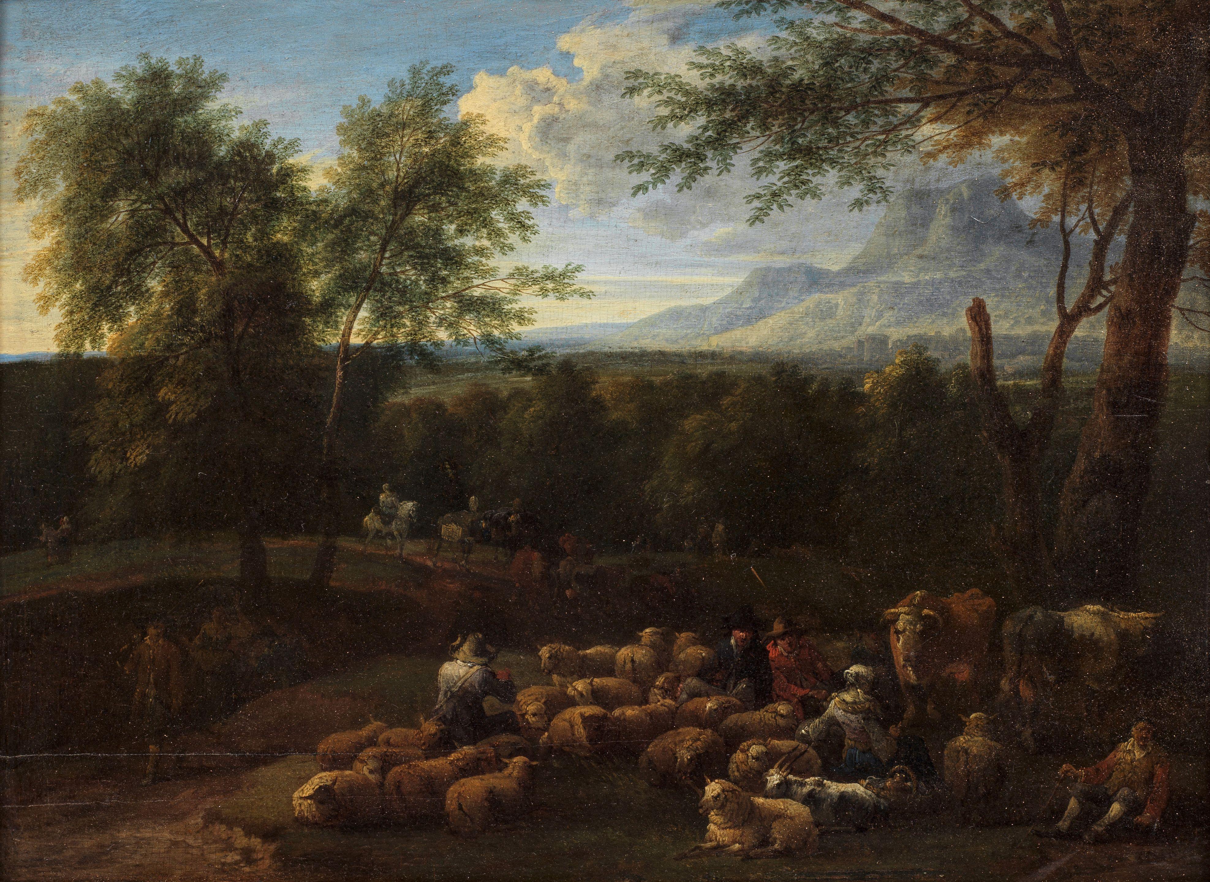 Mathys Schoevaerdts - Drovers and their animals in a wooded river landscape