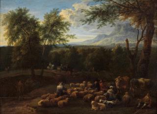 Mathys Schoevaerdts - Drovers and their animals in a wooded river landscape