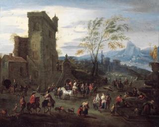 Mathys Schoevaerdts - Falconry by a mansion in a river landscape