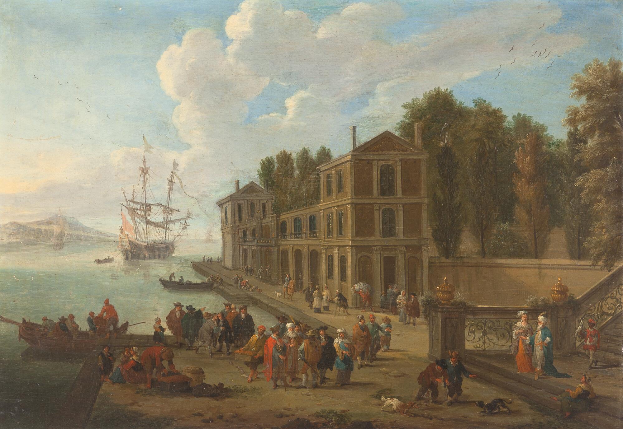 Mathys Schoevaerdts - Pendants: Geschäftiges Treiben an einer Anlegestelle – Markttag vor einem Stadttor an einer Küste