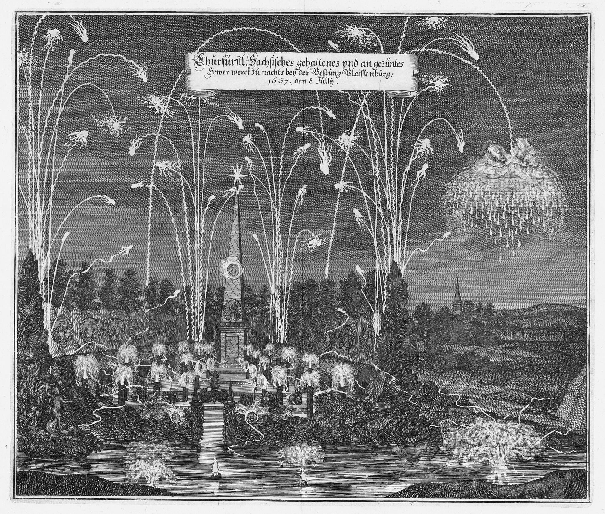 Matthäus Merian d. J. - Churfürstlich sächsisches Feuerwerk bei der Festung Pleissenburg,