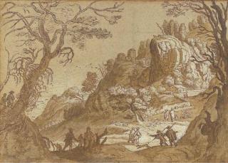 Matthäus Merian I - An extensive mountain landscape seen through trees, with peasants and their flocks and travellers on a road beyond