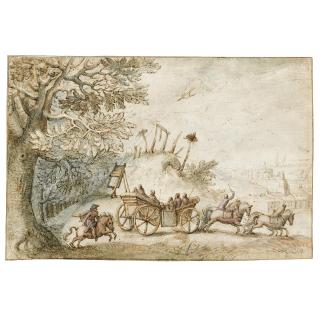 Matthäus Merian The Elder - Landscape With A Coach And Four Driving From Woods Past A Gibbet, Towards A Town