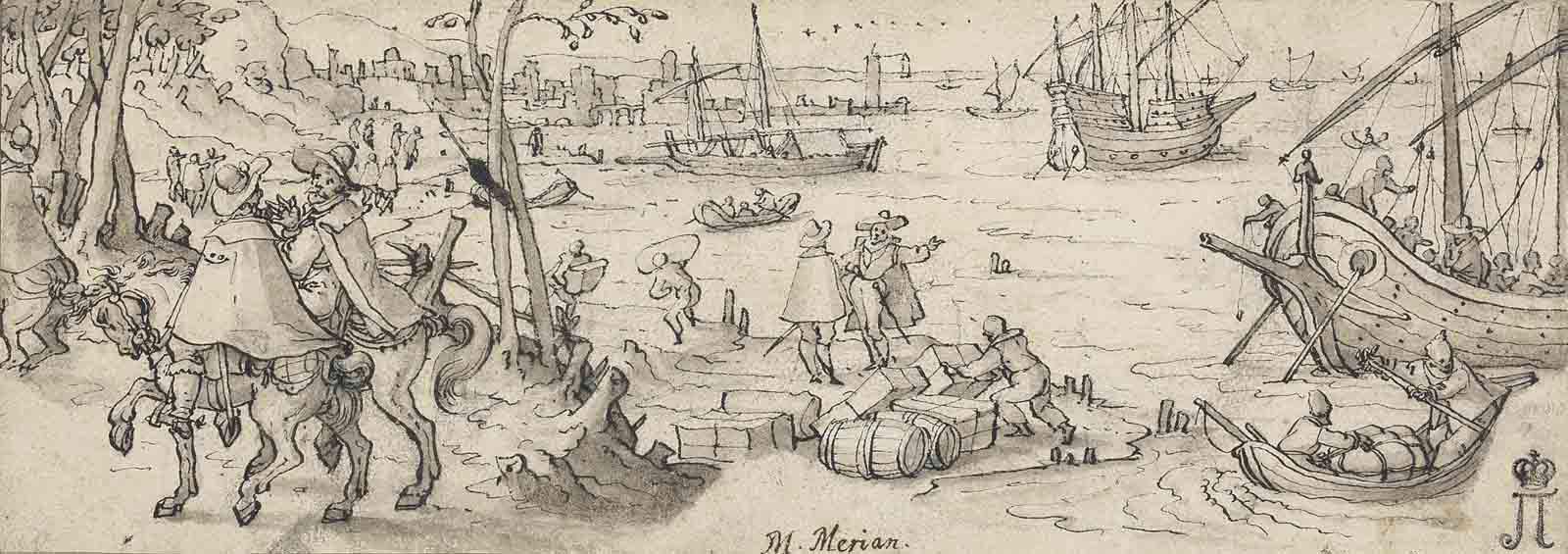 Matthäus Merian the Elder - Travellers in a harbour with galleons at anchor