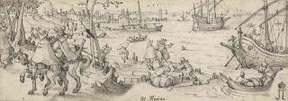 Matthäus Merian the Elder - Travellers in a harbour with galleons at anchor