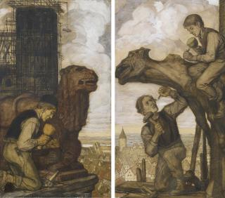 Matthäus Schiestl - Zwei Arbeiten: Steinmetze bei der Arbeit an Wasserspeieren auf der Baustelle einer gotischen Kathedrale.