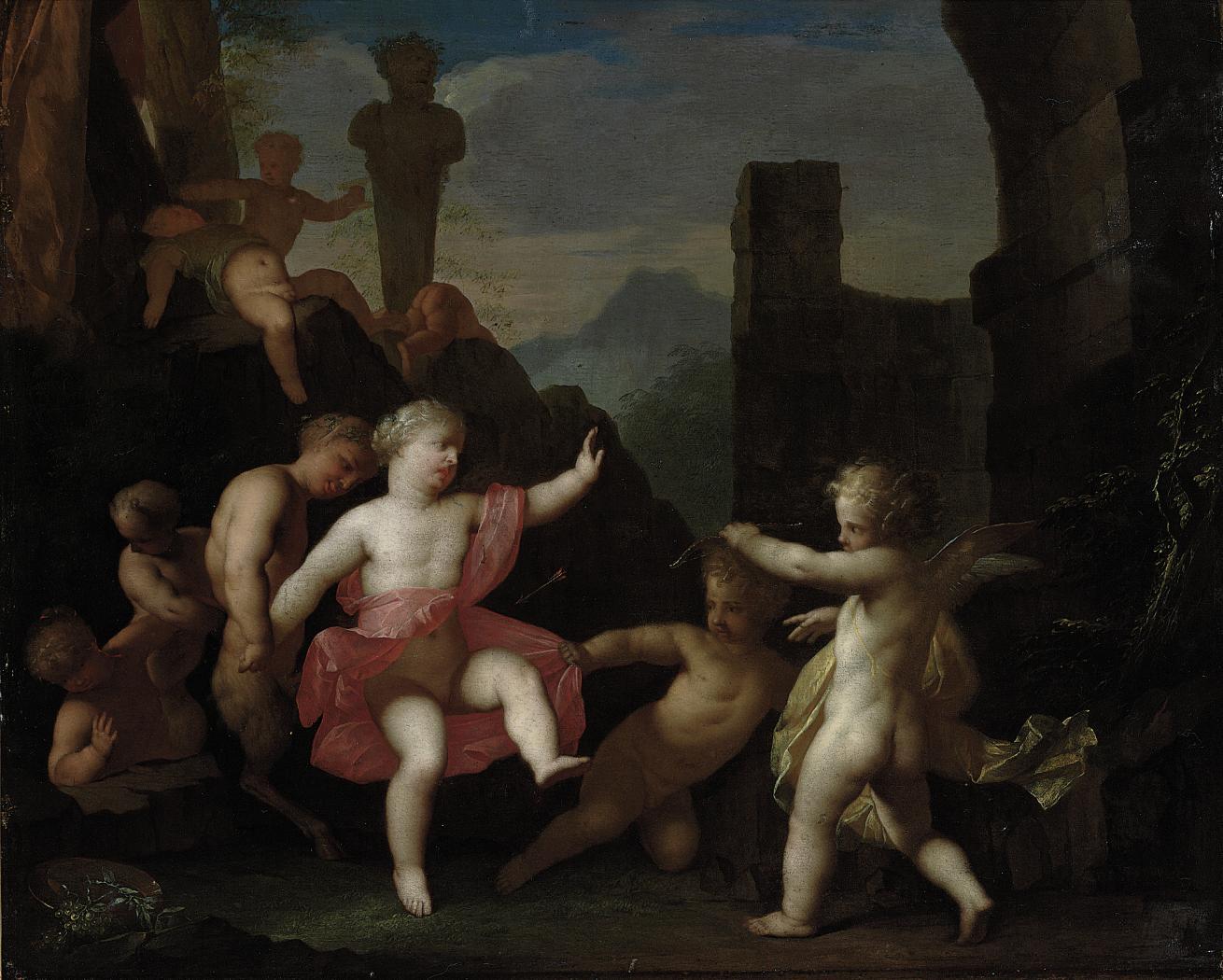 Matthäus Terwesten - A Bacchanal of putti and infant fauns, with Cupid shooting an arrow at a young girl