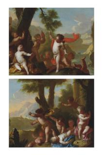 Matthäus Terwesten - Putti disporting in a river landscape; and Putti disporting in a landscape