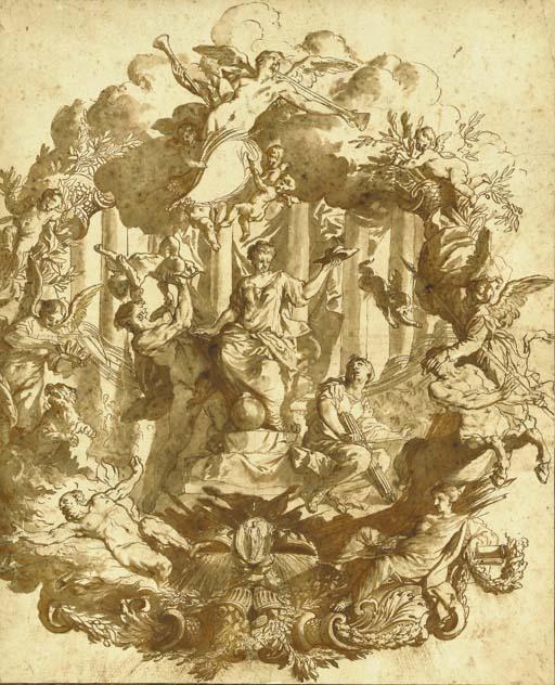 Matthäus Terwesten - Study for a wall decoration: a seated allegorical female figure holding a Cardinal\'s hat surrounded by Peace and figures trampling Heresy and War