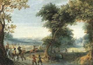 Mattheus Adolfsz. Molanus - A wooded landscape with a cavalry skirmish, a city beyond