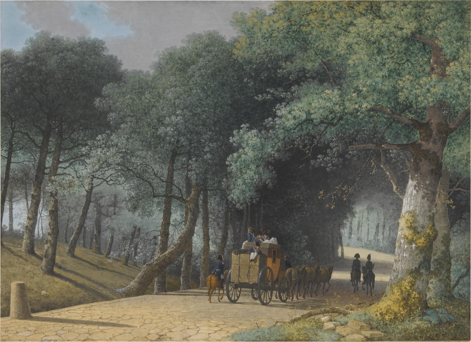 Mattheus Derk Knip - A road entering a forest with a group of soldiers attacking a carriage