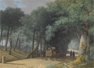 Mattheus Derk Knip - A road entering a forest with a group of soldiers attacking a carriage