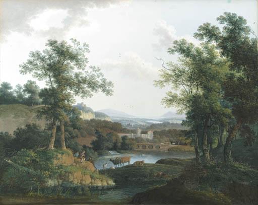 Mattheus Derk Knip - An extensive wooded river landscape with shepherds and their cattle in the foreground, a city beyond