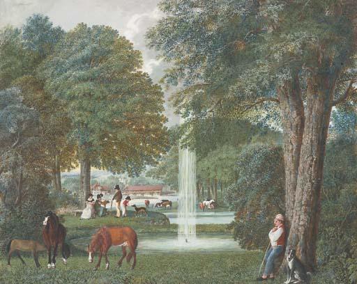 Mattheus Derk Knip - Un parc avec un jet d\'eau dans un bassin entouré de figures et animaux, une maison sur un pont au fond