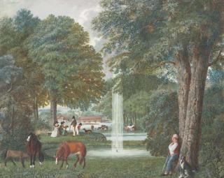 Mattheus Derk Knip - Un parc avec un jet d\'eau dans un bassin entouré de figures et animaux, une maison sur un pont au fond