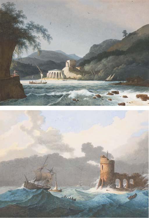 Mattheus Dirk Knip - A mountainous river landscape with sailing boats, buildings beyond; and Ships on a choppy sea by a lighthouse