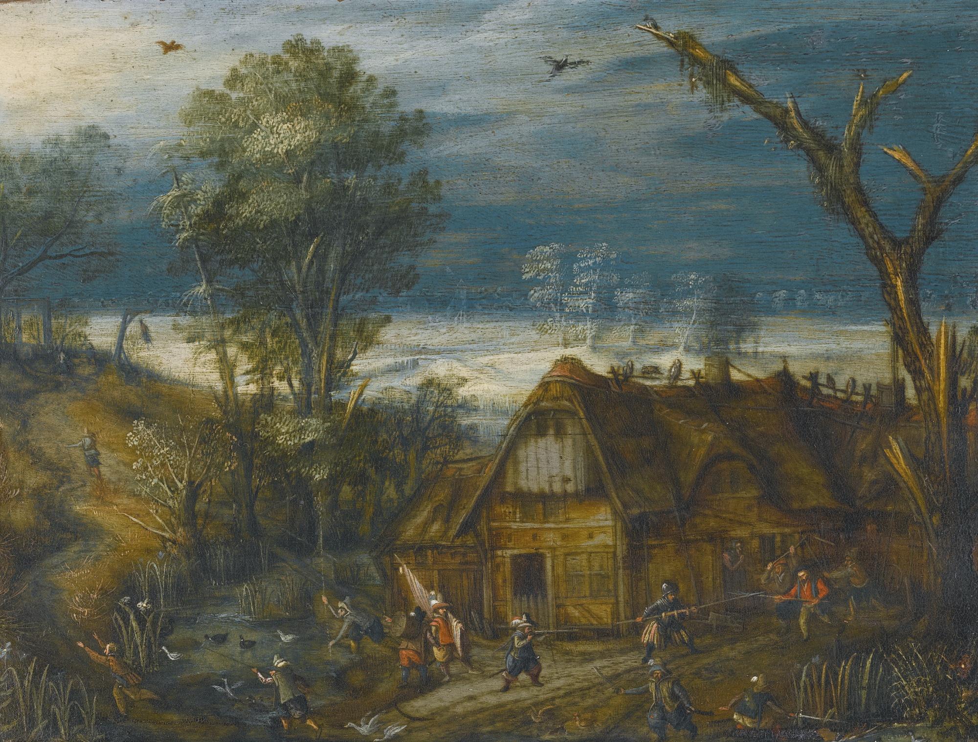 Mattheus Molanus - A Landscape With Soldiers Fighting Outside A House
