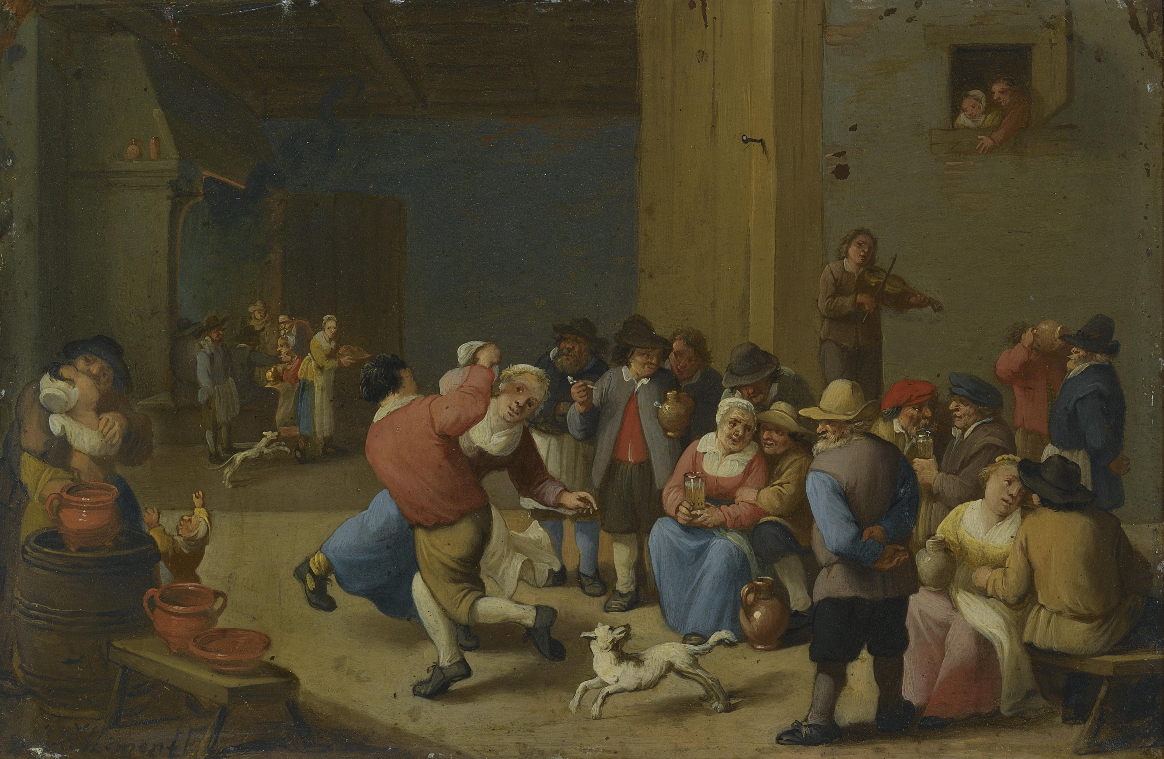 Mattheus Van Helmont - A Tavern Interior With Drinking And Dancing Peasants