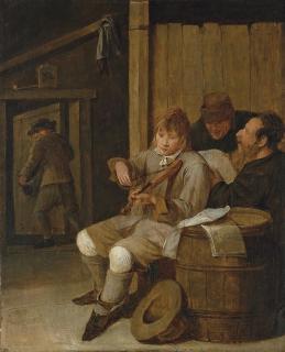 Mattheus van Helmont - A Young Fiddler Making Music Accompanied By Two Peasants Singing In An Interior