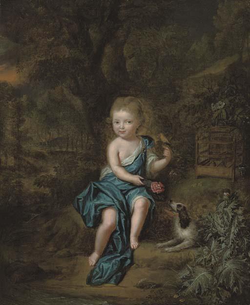 Mattheus Verheyden - Portrait of a young boy, small full-length, in a blue mantle fastened at his shoulder with a jewel, a canary perched on his left hand, a spaniel at his side, in a landscape