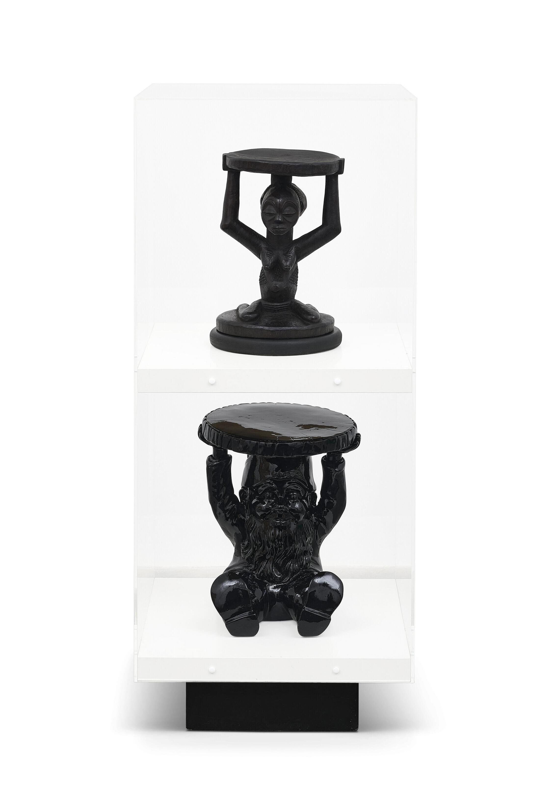 Matthew Darbyshire - Stool Series (Kartell Atilla Stool Black and Carved African Luba Stool)