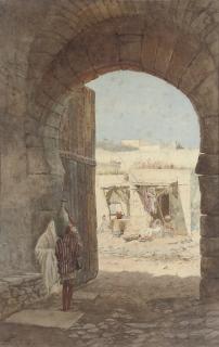 Matthew Jarvis - A watercarrier walking through a gateway (illustrated); and A street scene with figures