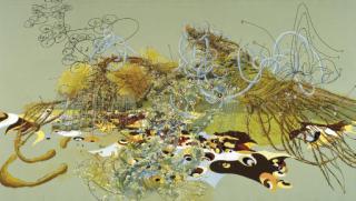 Matthew Ritchie - The Big Life oil and ink on canvas 88 x 154 in. (223.5 x 391.2 cm.)  Executed in 2002.  The Essential Diagrams 12 vinyl decals dimensions variable Executed in 2002. This work is number nine from an edition of twelve.