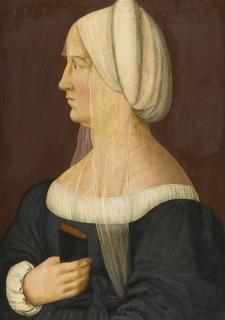 Matthias Gerung - Portrait Of A Lady, Half-Length, Head In Profile, Wearing Black With A White Headdress, Holding A Book