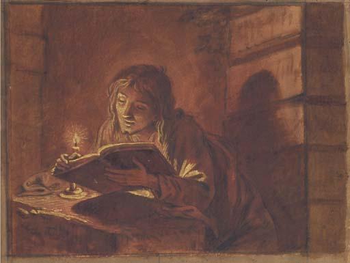 Matthias Stom - A man reading a book by candlelight (recto); An old man, bust-length, his hands on a stick (verso)