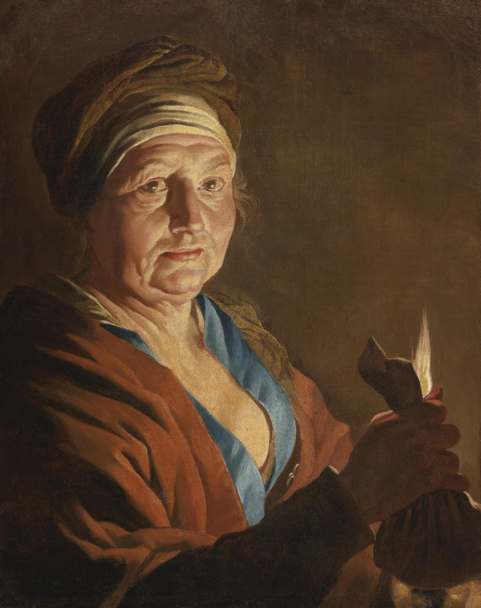 Matthias Stomer - An Old Woman Holding A Purse By Candlelight