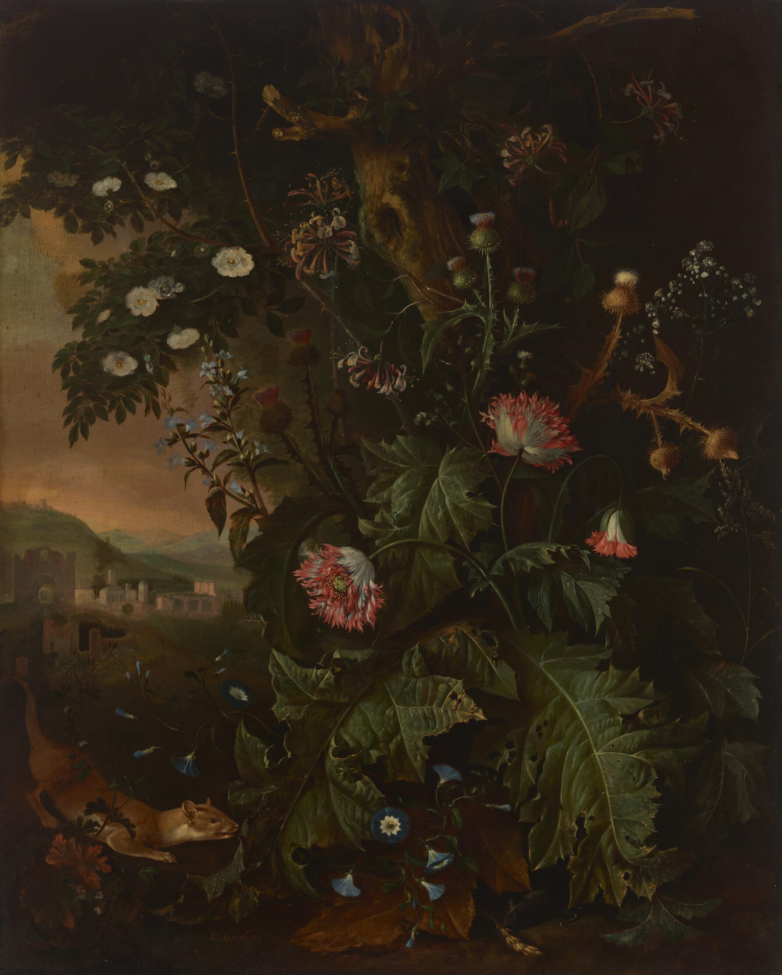 Matthias Withoos - A forest floor with a weasel, mouse, opium poppy and thistle, with classical buildings beyond